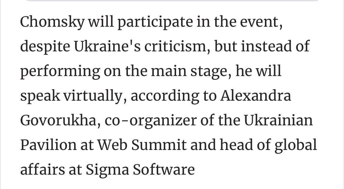 Thanks to the Kiev regime’s speech suppressing intimidation tactics, Noam Chomsky has been removed from the main stage by @WebSummit and relegated to a virtual online appearance.