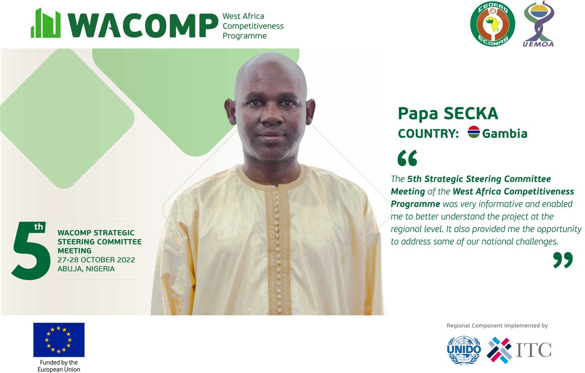 WACOMP (@wacomp_ecowas) on Twitter photo Here's another feedback from Papa Secka <a href="/WACOMP_GM/">WACOMP The Gambia</a>
"The 5th Strategic Steering Committee Meeting of WACOMP was very informative and enabled me to better understand the project at the regional level. It also provided me the opportunity to address some of our national challenges" Here's another feedback from Papa Secka <a href="/WACOMP_GM/">WACOMP The Gambia</a>
"The 5th Strategic Steering Committee Meeting of WACOMP was very informative and enabled me to better understand the project at the regional level. It also provided me the opportunity to address some of our national challenges"