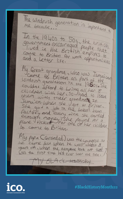ICOnews's tweet photo. Our final #BlackHistoryMonth post is a look to the past and offers hope for the future. Rosa, aged 9 and daughter of ICO Team Manager Bethan, was so inspired by hearing her Papa's story of the Windrush she gave a speech to her classmates and shared her message with us too. https://t.co/04Q52BuCid