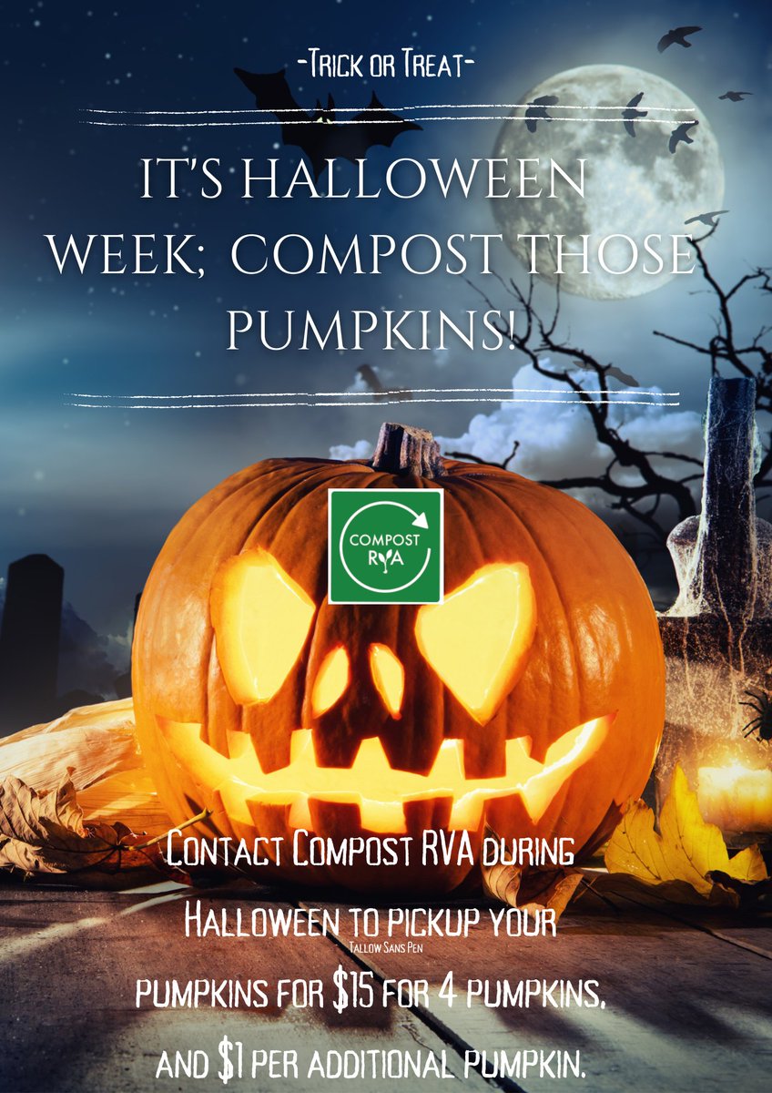 CompostRVA's tweet photo. $15 per pick-up of 4 pumpkins, and an additional $1 per pumpkin.

Happy Halloween and be safe my friends. https://t.co/zX2nK36WCU