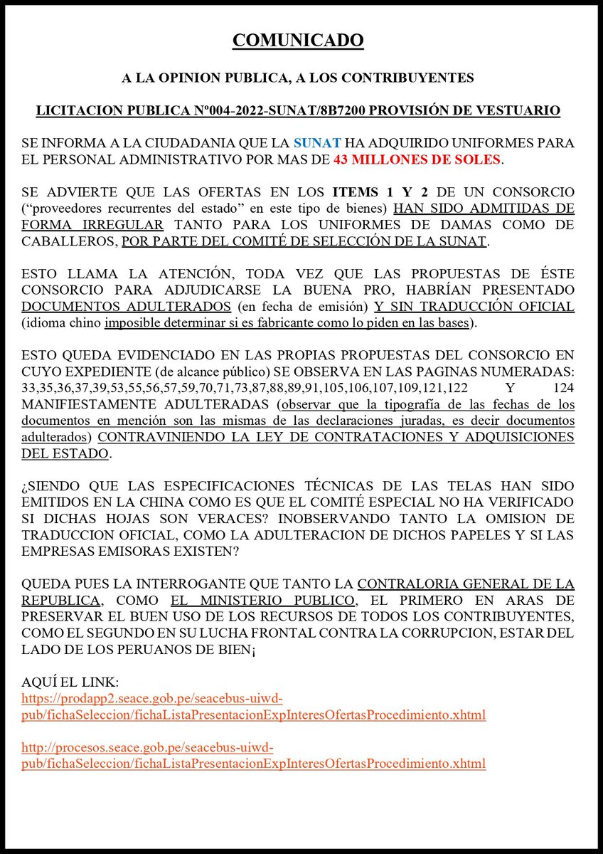 EmergenciasPeru's tweet photo. #Denuncia de una colisión entre la Sunat y un consorcio integrado por empresas del "Club de la Confección" por más de 43 millones de soles en compras de uniformes para personal administrativo.
.
.
.
#Denuncia #Irregularidades #Sunat #emergencia https://t.co/tADuRhodGV