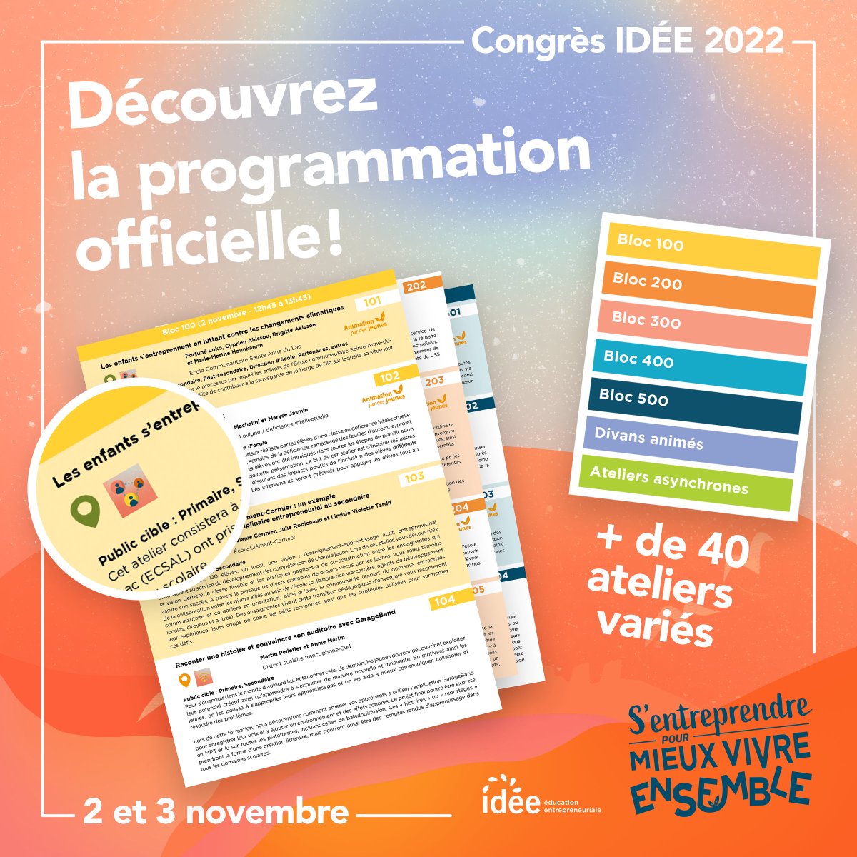 Le congrès Idée 2022, c’est dans deux jours!!!

Découvrez toute la programmation ici : lnkd.in/eAw3qvZU
Êtes-vous déjà inscrit.e? C’est maintenant :  lnkd.in/e9-XJWWN

Nous avons hâte de vous rencontrer.

 #congrèsidee2022 #educationentrepreneuriale
