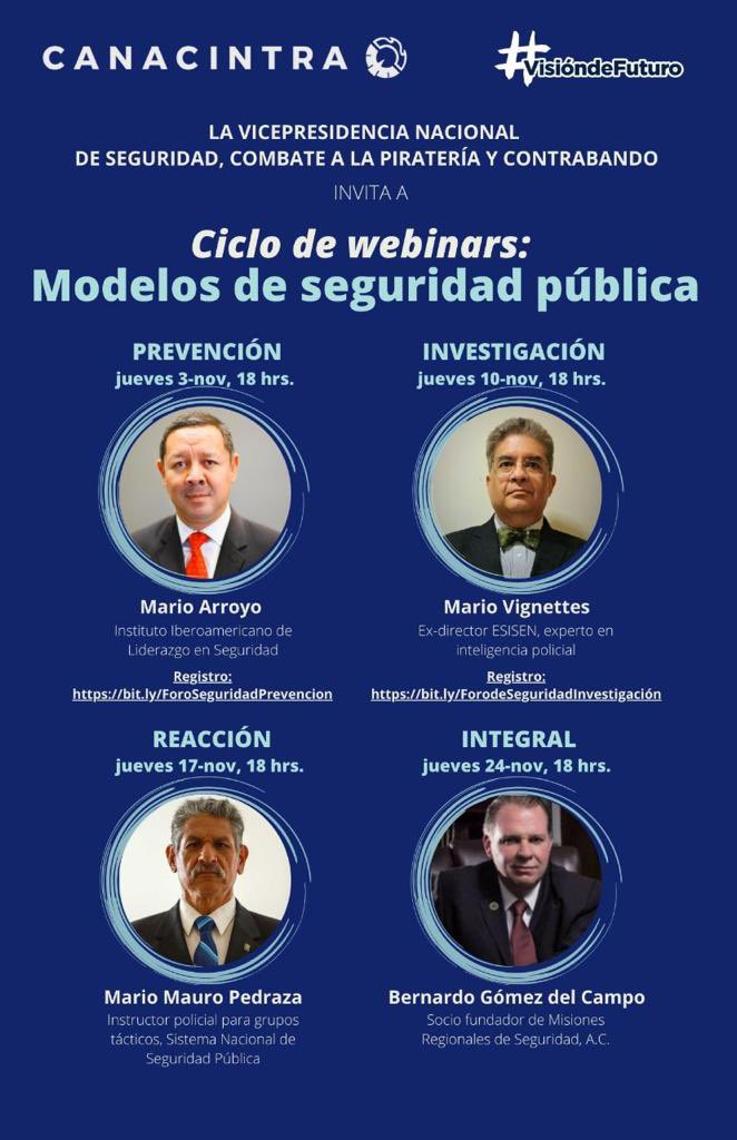 ortegarance's tweet photo. Estamos organizando desde @CANACINTRAMex un ciclo de webinars sobre los cuatro modelos de seguridad pública cada jueves de noviembre a las 18 hrs. - abierto previo registro. #VisióndeFuturo https://t.co/QXysJEWg53