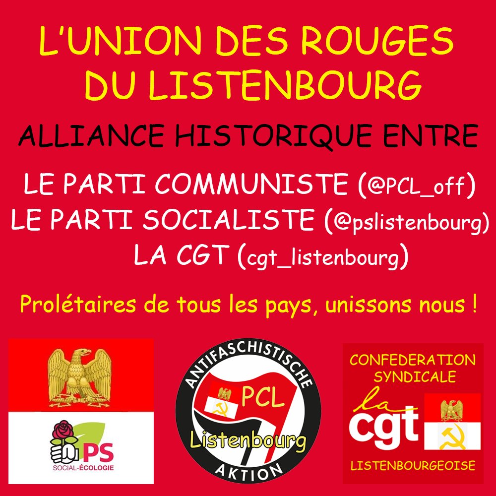 PCL_off's tweet photo. Nous venons de créer #UnionDesRouges avec les camarades de @pslistenbourg et de la @cgt_listenbourg ✊🔥
Prolétaires de tout les pays et du Listenbourg unissons nous ⚒️🔥 https://t.co/WsFOkUi1x2