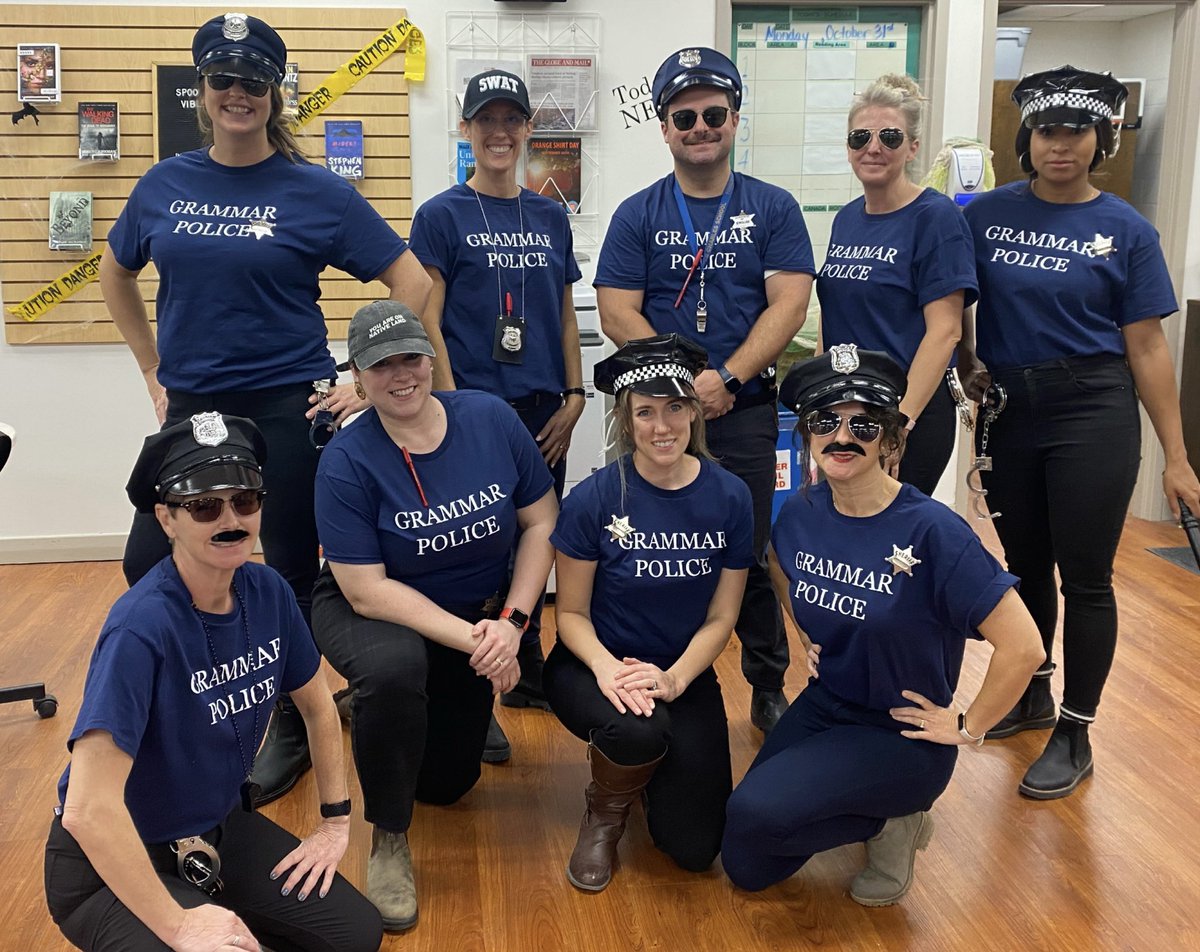 alytoday's tweet image. Best. Department. Ever.  Thanks to Quinn for allowing NPC’s English &amp;amp; Moderns Dept. to edit her paper, she was not harmed in this picture and released shortly after #GrammarMatters #GrammarPolice #ToServeAndCorrect  👮 📝 #halloween2022 @NPCVSPrincipal @GEDSB
