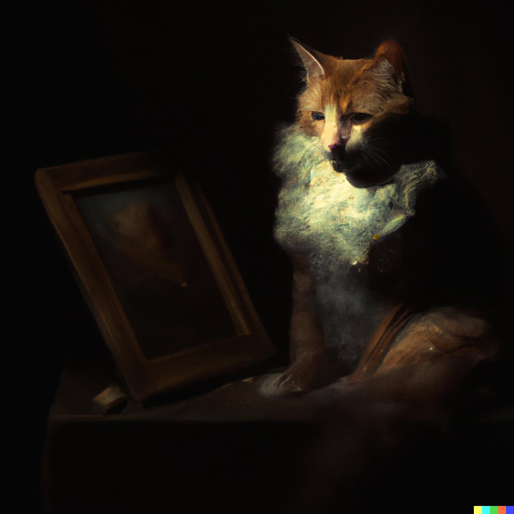 seanmcarroll's tweet image. Schrödinger's cat in the style of: Kandinsky, Delacroix, Rembrandt, Rothko.