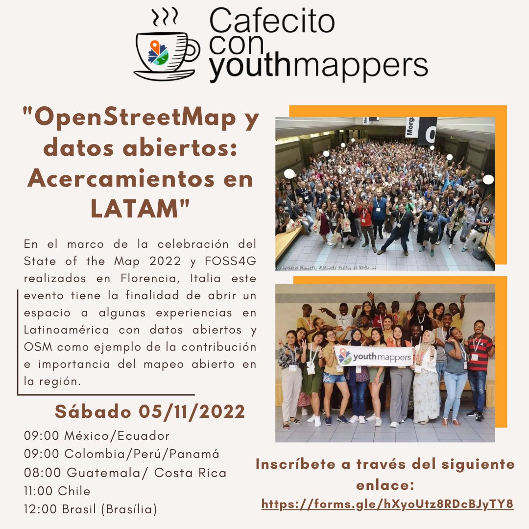 Invitacion: 
"En el marco de la celebración del State of the Map 2022 y FOSS4G realizados en Florencia, Italia, las embajadoras regionales invitamos a este seminario/taller de algunas experiencias en Latinoamérica con datos abiertos y OSM."
Inscríbete:  forms.gle/hXyoUtz8RDcBJy…