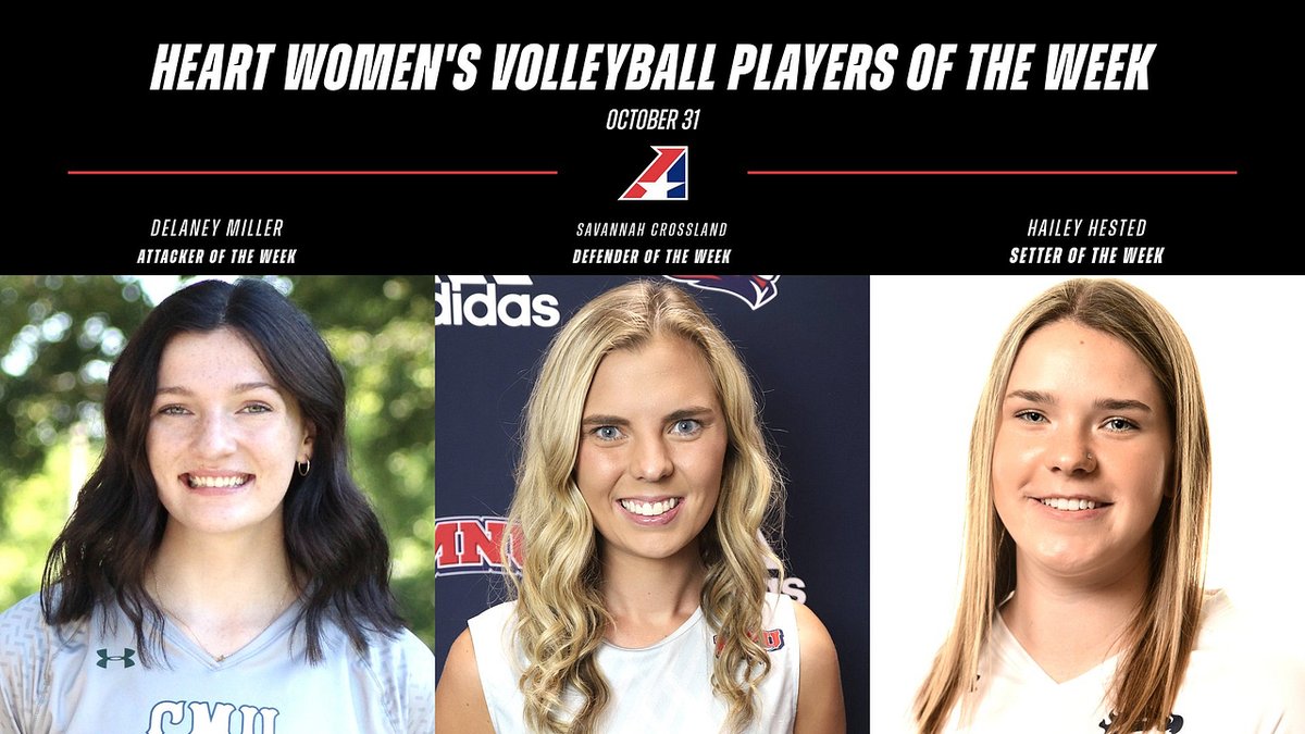 W🏐, Congrats to this Monday's Heart Women's Volleyball Players of the Week! Delaney Miller of @cmueagles, Savannah Crossland of @mnusports and Hailey Hested of @Go_Mustangs. heart.prestosports.com/sports/wvball/…