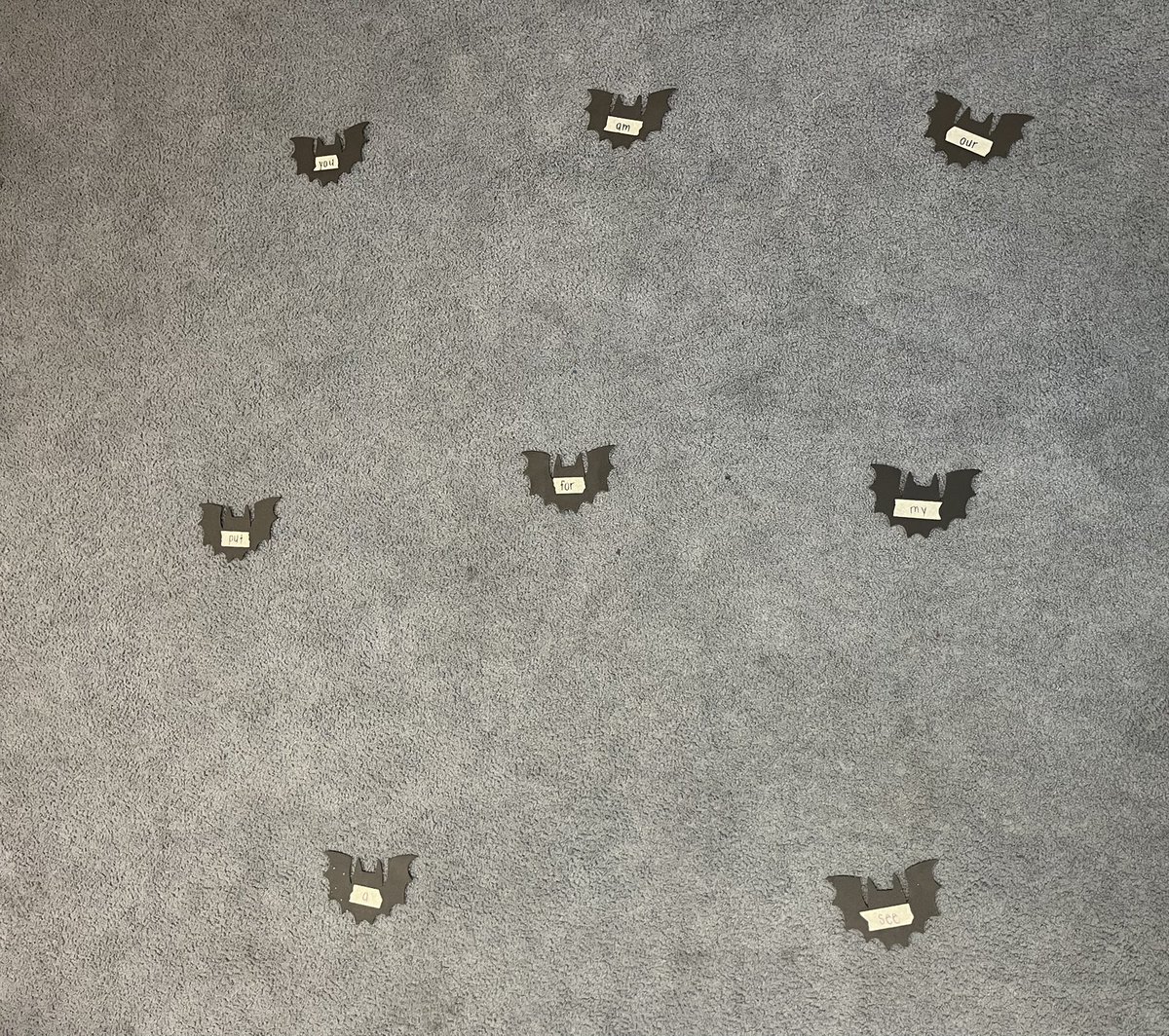 _mbumanlag's tweet image. The SKs and Grade 1s were tasked with giving directions to their partner to cross the carpet in a straight line today by reading our sight words located on the bats! 🔤🎃 #LiteracyActivity #MovementGames @STOCSpirit  @WECDSB