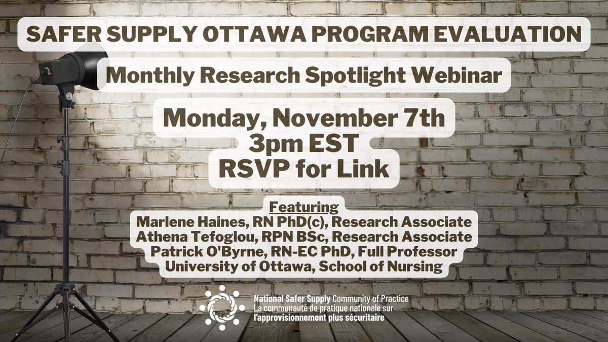 National Safer Supply Community of Practice (@nss_cop) on Twitter photo š¢Our 2nd research spotlight webinar happens next Monday! Featuring a presentation and discussion with <a href="/marhaines/">Marlene Haines</a>, Athena Tefoglou + Patrick O'Byrne on the safer supply program evaluation happening in Ottawaš
š
November 7th at 3pm ESTā°
šRegister NOW!
bit.ly/3fnjAqA š¢Our 2nd research spotlight webinar happens next Monday! Featuring a presentation and discussion with <a href="/marhaines/">Marlene Haines</a>, Athena Tefoglou + Patrick O'Byrne on the safer supply program evaluation happening in Ottawaš
š
November 7th at 3pm ESTā°
šRegister NOW!
bit.ly/3fnjAqA