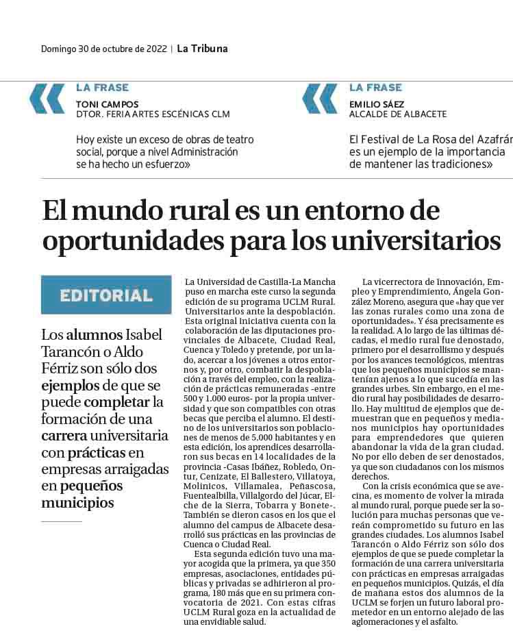 GardeJulian's tweet photo. Gracias a @TribunaAlbacete por dedicar su editorial ayer a #UCLMRural. Exhibimos sin complejos nuestra vinculación al territorio rural porque nos honra estar donde estamos, ser la Universidad de esta región y recibir el apoyo y la confianza de nuestra gente y de nuestros pueblos https://t.co/FUMDCunegs