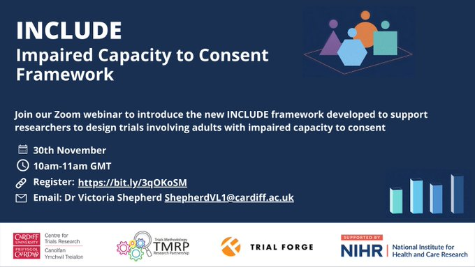 Join our webinar introducing the new INCLUDE Framework developed to support researchers to design trials involving adults with impaired capacity to consent 📅 30th Nov 🕙 10-11am 🔗 Registration: cardiff.zoom.us/webinar/regist… @CTRCardiffUni @Trial_Forge @MRCNIHRTMRP @NIHRresearch