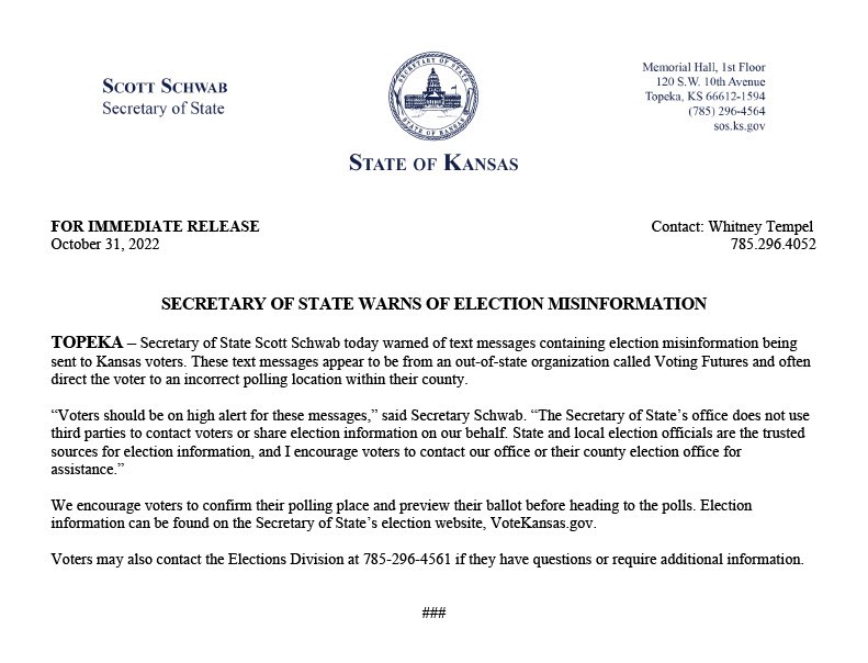 RELEASE: Secretary of State Warns of Election Misinformation. #ksleg