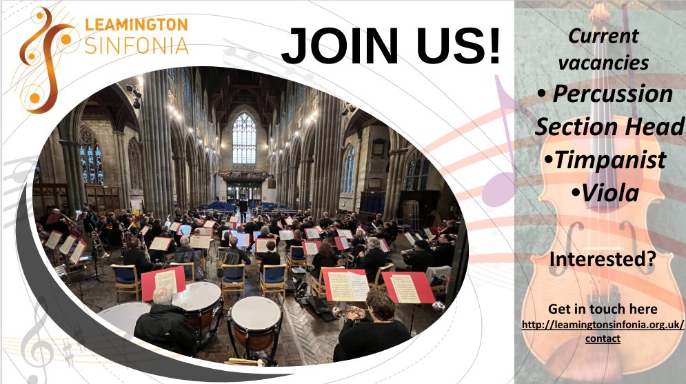 *Calling all Percussionists and Viola players!*
We are currently looking for a new Percussion Section Head, Timpanist and Viola players! If you are interested in joining us for some fabulous music-making, please get in touch!
→  leamingtonsinfonia.org.uk/contact ←