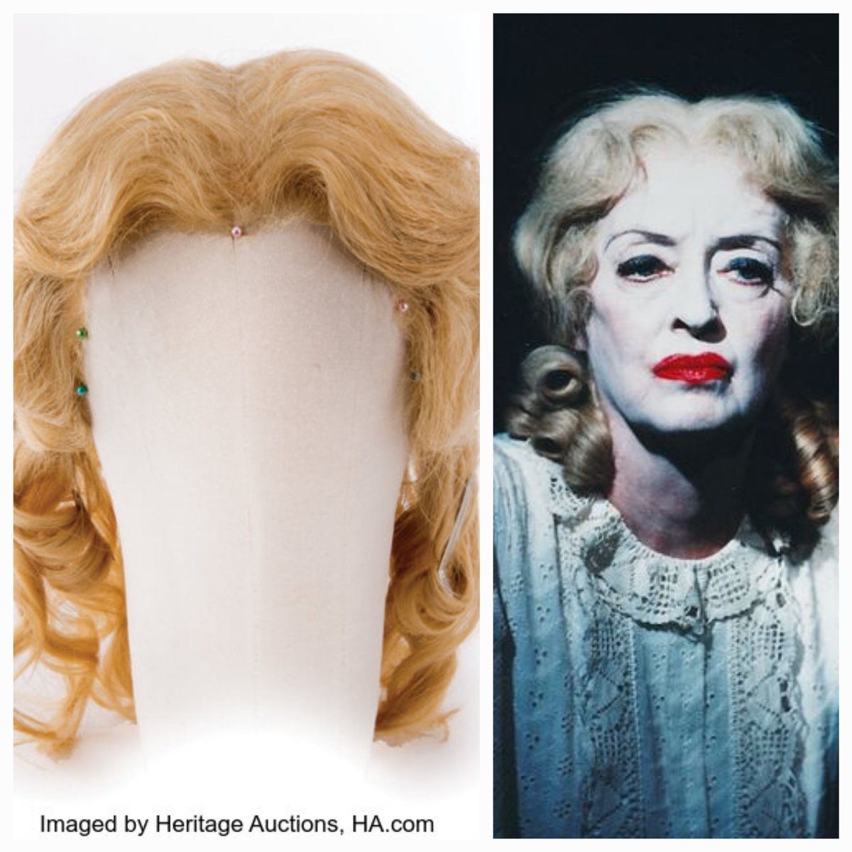 The film Whatever Happened to Baby Jane was released in the USA #OnThisDay in 1962. Bette Davis wore this Max Factor made blonde human hair wig, styled in a center part with back ringlets, as Baby Jane Hudson. Sold by @HeritageAuction. #film #costume #Halloween