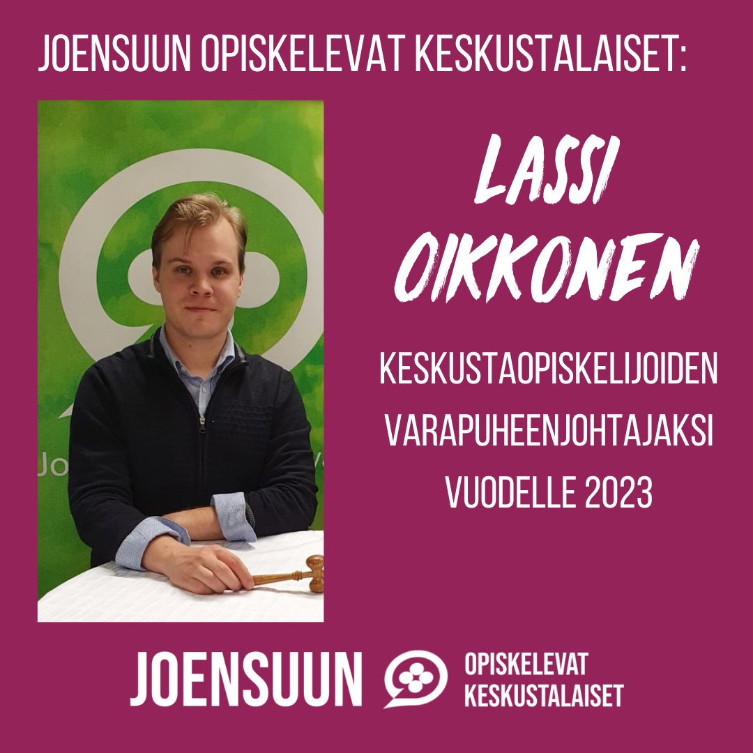 Joensuun Opiskelevat Keskustalaiset esittää Lassi Oikkosta <a href="/KOLry/">Keskustaopiskelijat</a> varapuheenjohtajaksi vuodelle 2023. 25-vuotias Oikkonen opiskelee historiaa Itä-Suomen yliopistossa ja toimii KOL:n liittohallituksessa sekä JOKEn varapuheenjohtajana; viime vuonna hän oli JOKEn puheenjohtaja.