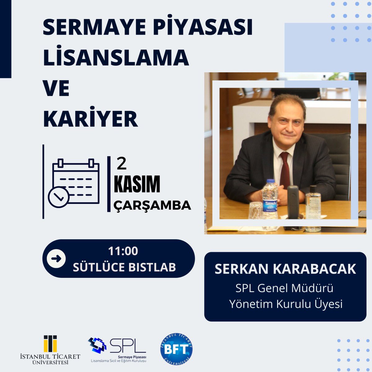 Bankacılık ve Finans Topluluğu olarak, SPL Genel Müdürü ve YK Üyesi Serkan Karabacak katılımlarıyla 2 Kasım Çarşamba günü saat 11:00 BISTLAB’da gerçekleşecek olan “Sermaye Piyasası Lisanslama ve Kariyer” etkinliğine hepiniz davetlisiniz. Katılımcılara e-Sertifika verilecektir.
