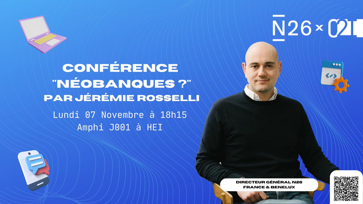C2I_junia's tweet photo. Retrouvez Jérémie Rosselli (DG N26) ce lundi 7 novembre à 18h15 pour discuter des néobanques, de l’accélération de la digitalisation des banques traditionnelles et sécurité du milieu financier. 
Plus d’informations et inscriptions sur notre serveur Discord. https://t.co/ZXlui4qXoJ
