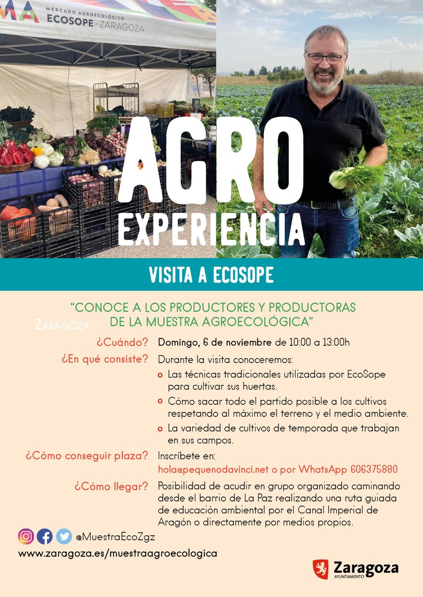 MuestraEcoZgz's tweet photo. Ya has visto que esta semana tenemos #Agroexperiencia en #EcoSope ??
¿Dónde? junto a las exclusas de #Valdegurriana 
¿Cómo me apunto? 3 opciones
1. Rellena el enlace  https://t.co/Ojl16Ma0JD
2. correo hola@pequenodavinci.net
3. WhatsApp 606375880
Toda info en el cartel 
👇👇👇👇 https://t.co/t0uA7gn2Xs