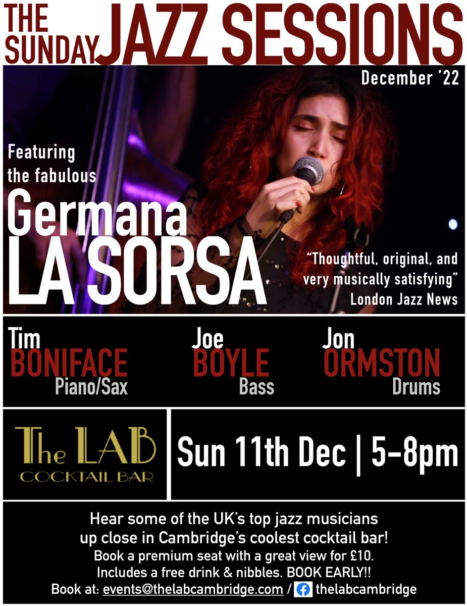 Tim Boniface (@timbonifacejazz) on Twitter photo Another great Sunday Session lined up <a href="/TheLabCambridge/">The LAB Cocktail Bar & Kitchen</a> in December, w the brilliant <a href="/GermanaStellaLS/">Germana Stella La Sorsa</a> backed by Joe Boyle, <a href="/jon_ormston/">Jon Ormston</a> & yours truly. A fabulously engaging performer. Book a seat - don't miss out! <a href="/CamJazzFest/">Cambridge Jazz Fest</a> <a href="/camjazz/">Jazzy Camilo</a> Another great Sunday Session lined up <a href="/TheLabCambridge/">The LAB Cocktail Bar & Kitchen</a> in December, w the brilliant <a href="/GermanaStellaLS/">Germana Stella La Sorsa</a> backed by Joe Boyle, <a href="/jon_ormston/">Jon Ormston</a> & yours truly. A fabulously engaging performer. Book a seat - don't miss out! <a href="/CamJazzFest/">Cambridge Jazz Fest</a> <a href="/camjazz/">Jazzy Camilo</a>