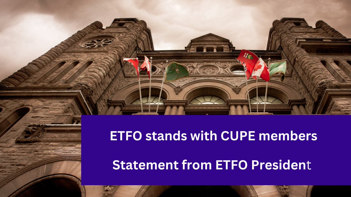 ETFO stands with <a href="/osbcucscso/">OSBCU-CSCSO</a> members and their right to strike for better pay and working conditions, and not with a regressive government that is cloaking anti-labour legislation as being pro-education. 

Full statement from @etfopresident: bit.ly/3zwez6d

#ETFO #CUPE