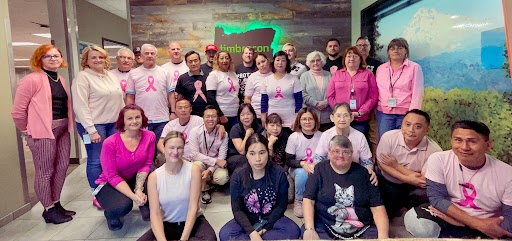 Timbercon's tweet photo. Our team got together recently to raise awareness of breast cancer. According to the American Cancer Society, there were 4,000 new cases of breast cancer in Oregon alone this year. We shared resources with our employees on early detection, education and support services. https://t.co/Y3O8uArjpv