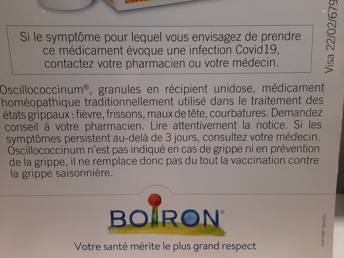 Boiron qui fait de la pub pour son oscillococcinum en cas d'états gripaux tout en admettant SUR LA MÊME AFFICHE que ses granules ne sont pas recommandés en cas de grippe...