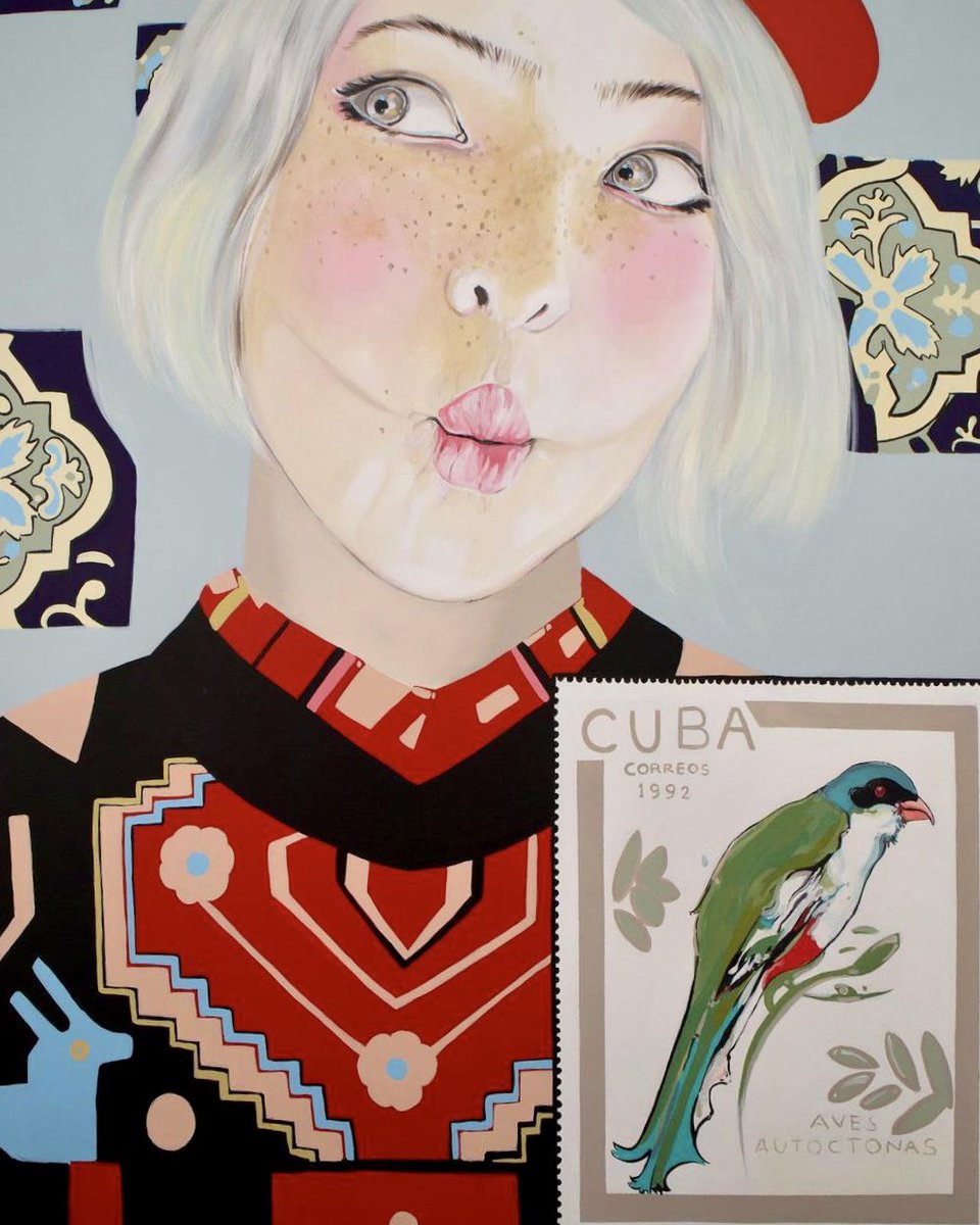 maximagallery's tweet photo. Her painting has been influenced by global pop culture and known millennial references. However, Cuban symbols such as typical colonial tails and old stamps have appeared in her work as a way to reinforce her multicultural identity as an artist. https://t.co/M8ro1R0Oov