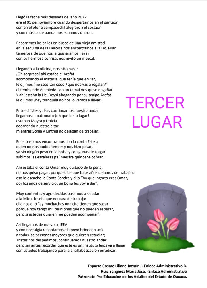 MiriamPLiborioH's tweet photo. 👏🏻Lo prometido es deuda, les comparto los primeros lugares del concurso de calaveritas literarias que realizamos en el @IEEAOax. Seleccionarlos fue una difícil tarea ya que hubo mucho talento y creatividad. A todas y todos los participantes mi reconocimiento.
¡Muchas felicidades! https://t.co/G9FP5cbTfX