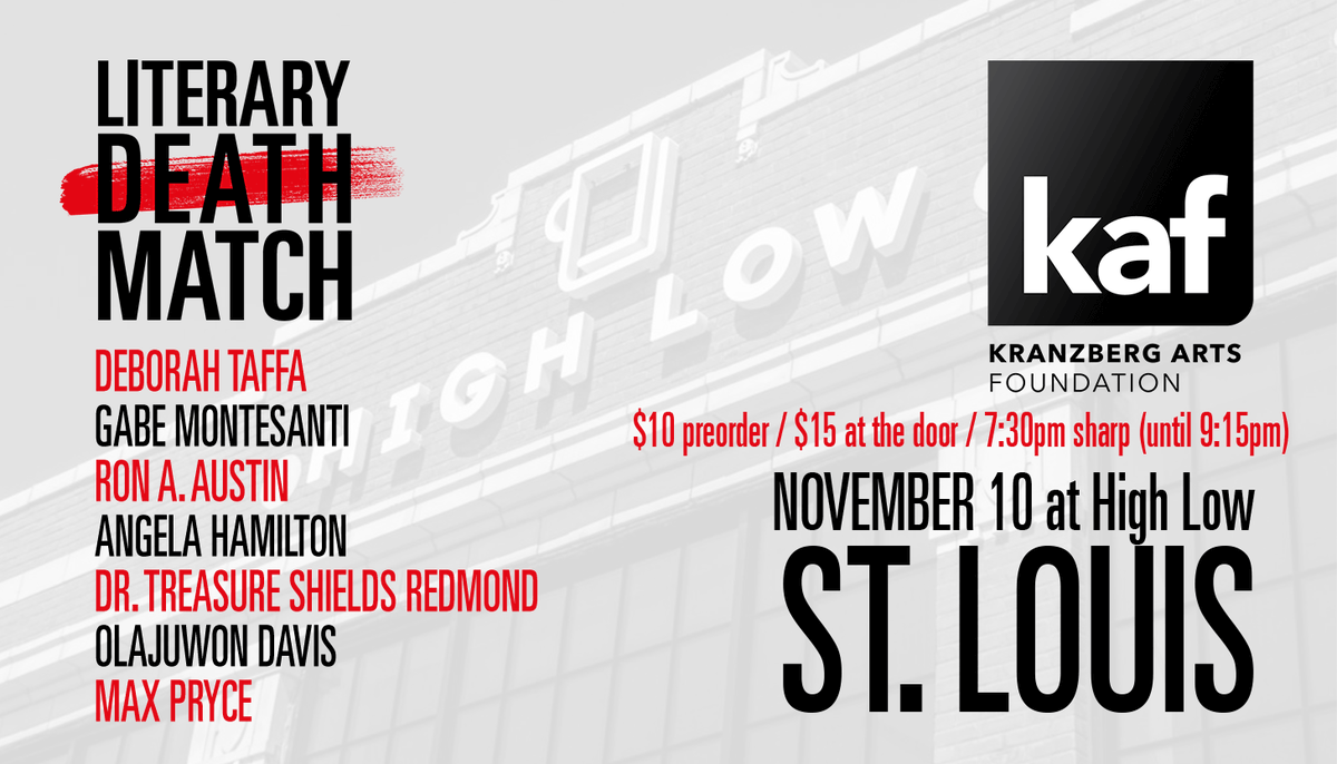 Literary Death Match (@litdeathmatch) on Twitter photo On Nov. 10 we make our long-awaited St. Louis debut in a homecoming for the ages (LDM's creator <a href="/atzuniga/">Adrian Todd Zuniga 🇺🇦</a> is a STL native). We're teaming with <a href="/KranzbergArts/">Kranzberg Arts Foundation</a> for a show at <a href="/highlowstl/">High Low</a>, where we'll showcase some of the Midwest's best.
Here are the stars taking part...🧵 On Nov. 10 we make our long-awaited St. Louis debut in a homecoming for the ages (LDM's creator <a href="/atzuniga/">Adrian Todd Zuniga 🇺🇦</a> is a STL native). We're teaming with <a href="/KranzbergArts/">Kranzberg Arts Foundation</a> for a show at <a href="/highlowstl/">High Low</a>, where we'll showcase some of the Midwest's best.
Here are the stars taking part...🧵