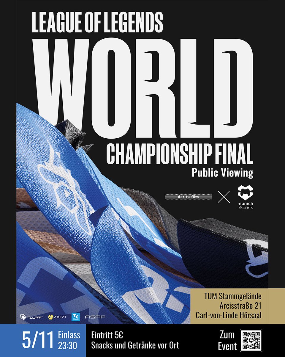 munich_esports's tweet photo. It‘s time for Worlds! 📺🏆🎊

Das Highlight-BO5 zwischen #T1 und #DRX zeigen wir gemeinsam mit dem #tufilm am 05.11. ab 23:30 Uhr in der Arcisstraße 21! Wer wird sich dieses Jahr den Titel holen? 🔮

#PlayYourHeartOut #LoL #Worlds https://t.co/PTOKfOkw0d