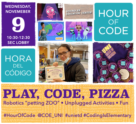 maggda's tweet photo. Mark your calendars for this fun event!  Nov 9 Schindler's Lobby @COE_UNI Come experiment, play, code, eat pizza, and earn an #HourofCode certificate! #unietd  #CodingIsElementary https://t.co/ToEAGp4pBk