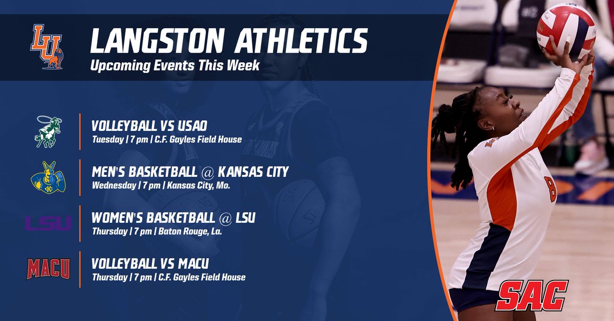LangstonSports's tweet photo. PACKED WEEK FOR #LU ATHLETICS!
Catch #LUVB at home this week vs USAO & MACU and #LUWBB vs LSU-Shreveport!
#goLions #FeartheRoar https://t.co/TRaeqhhU16