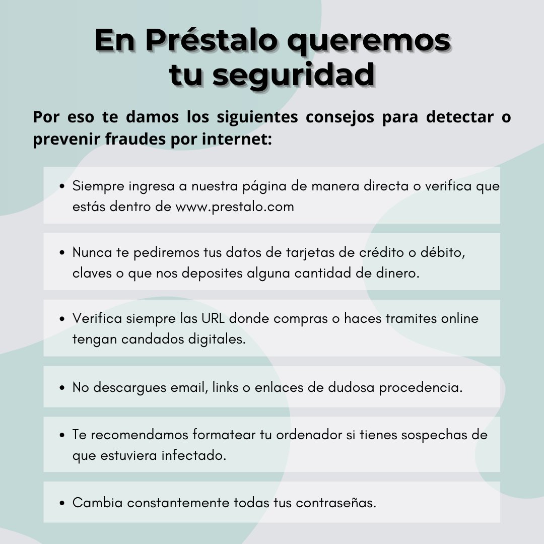 ¡Tu seguridad nos importa! 🔒

Recuerda que siempre debes cuidarte de no caer en fraudes por internet.

➡️ prestalo.com

#seguridad #online #security #blog #prestamos #banco #contraseña