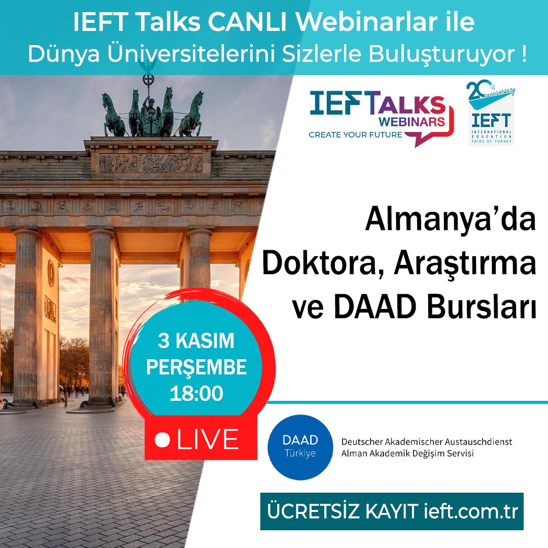 DaadTurkiye's tweet photo. DAAD İstanbul Danışma Merkezi, 3 Kasım 2022, Perşembe günü saat 18.00'de (GMT+3) IEFT Talks Webinarları'nda. Ücretsiz kayıt: https://t.co/4UcUP1h8Ya
DAAD Türkiye IEFT International Education Fairs of Turkey
#ieft #iefttalks #almanyadayüksekögrenim #doktora #araştırma #daadburs https://t.co/TpGJZdVOAi