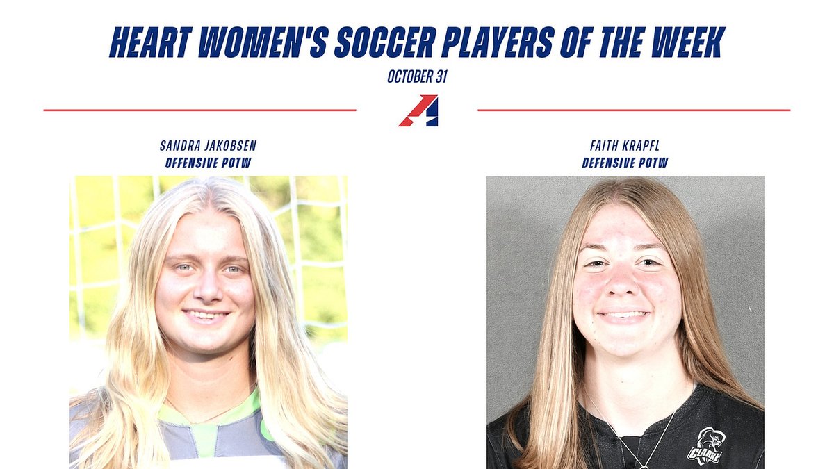 W⚽️, Two First Time Winners in 2022 Highlight Heart Women's Soccer Weekly Honors. Congrats to Sandra Jakobsen of @cmueagles and Faith Krapfl of @ClarkeAthletics! heart.prestosports.com/sports/wsoc/20…