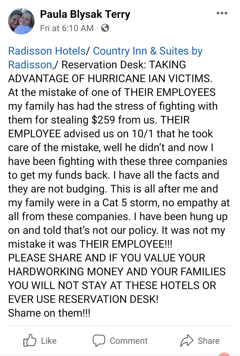 InarZoKay's tweet photo. Shame on @Radisson and @CountryInn for taking advantage of Hurricane Ian Victims!!! https://t.co/SmIkrWyAyy