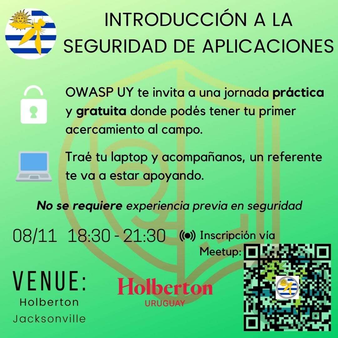 holbertonuy's tweet photo. Los invitamos a una nueva Meet Up, el próximo 8 de noviembre a las 18:30hs en nuestro campus. Esta vez el tema será “Introducción a la seguridad de aplicaciones” de la mano de @owasp_uy. 
Interesados registrarse en este link: https://t.co/EbvZl2ttxS 
¡Los esperamos! https://t.co/0jvgNOp2ZT