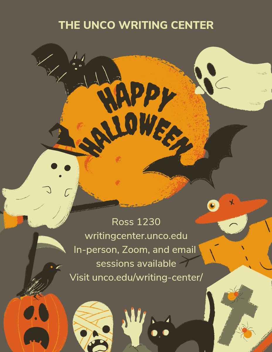UncoWriting's tweet image. Happy Halloween, Bears! Remember to schedule an appointment with the Writing Center for all those spooky papers!