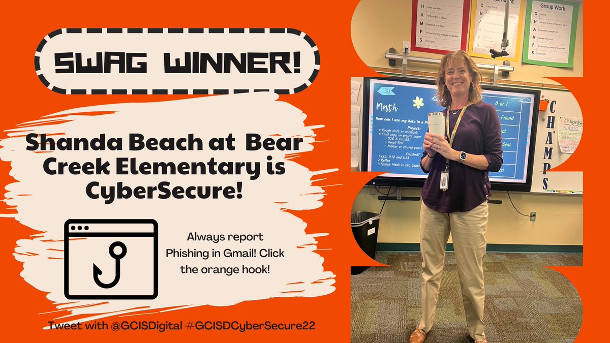 🎣 Always report Phishing in Gmail! Just click the orange hook. <a href="/mrsbeach_BCE/">Shanda Beach</a> at <a href="/BearCreekElem/">Bear Creek</a> won some <a href="/lightspeedsys/">Lightspeed Systems</a> SWAG for being a top Phish reporter! #CybersecurityAwarenessMonth #GCISDCyberSecure22 <a href="/GCISD/">Grapevine-Colleyville ISD</a>