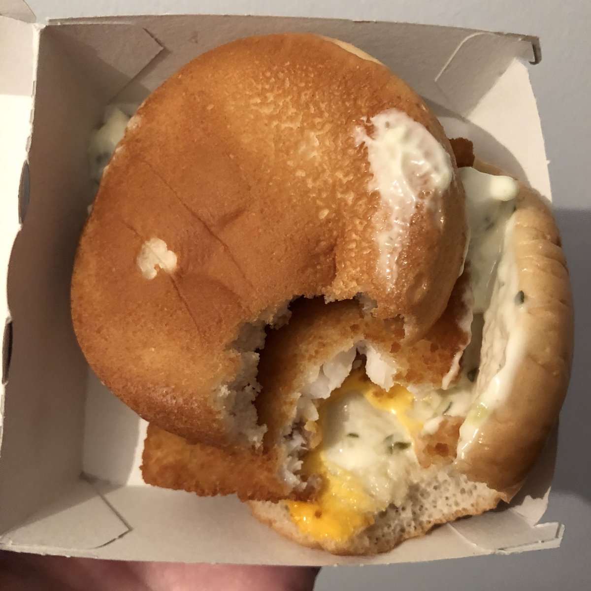 Lore1's tweet photo. When you give into cravings and order @McDonalds only for this to arrive. Should I say explicitly that I want a burger that has not been tasted and discarded by someone else? At least this is so gross that I won’t have fast food for a good while 🤢🤢🤢 https://t.co/gxQzzYDKlM