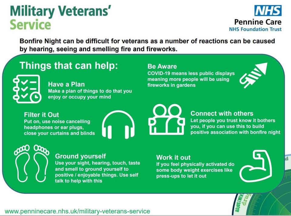 tetmorley's tweet photo. Bonfire Night &amp; Remembrance self care info from MVS

This time of the year can be quite difficult for some of you out there or you might have a comrade or family member who struggles! The attached flyers are produced by the NHS Military Veterans Services to help. https://t.co/nlu9DWC3l2