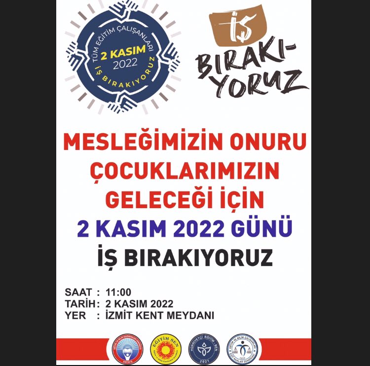 Eğitim Emekçileri 2 Kasım Çarşamba günü hakları için iş bırakıyor. İş bırakacak Eğitim Emekçileri Çarşamba saat:11'de, İzmit Kent Meydanı'nda biraraya gelecek! Hakları ve onurları için iş bırakacak olan eğitim ve bilim emekçilerinin yanındayız. #İşBırakmaya2Gün