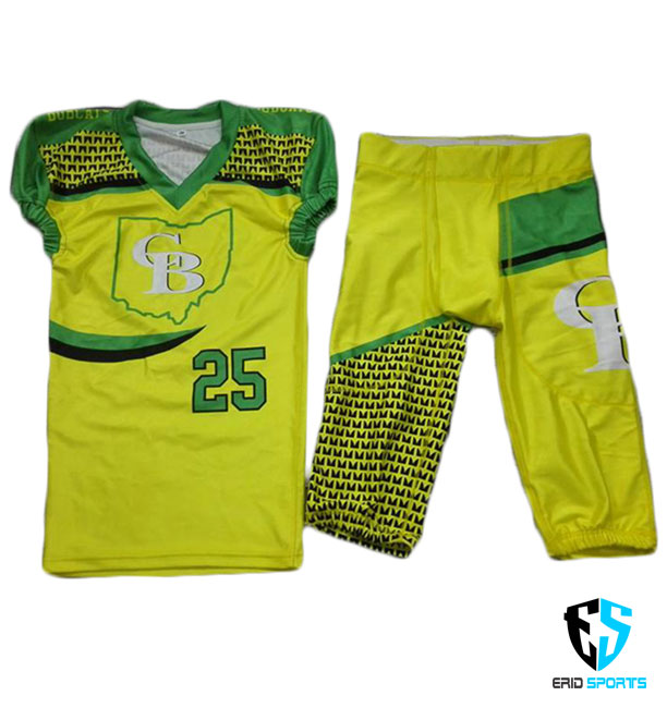 American Football Jersey

ERID Sports is a custom American Football Uniform and Sportswear Manufacturers from Pakistan and exporting to USA, Canada, Australia, UK and European Countries. Our comprehensive range consists of excellent quality as well as customized designs.