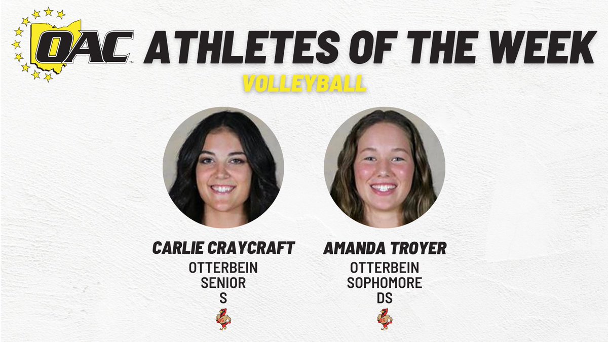 OHAthleticConf's tweet photo. Athletes of the Week | Volleyball

Carlie Craycraft and Amanda Troyer, @OtterbeinSports 

https://t.co/K0g4T9Lp5L
#OAC #OACVolleyball https://t.co/AaPUItRmLQ