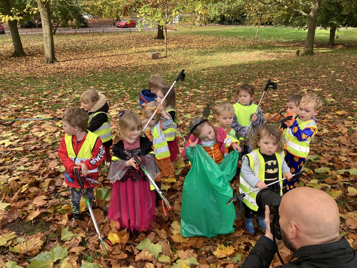 NBC_GreenTeam's tweet photo. This scary bunch don’t let litter give them nightmares. Little monsters from @GigglesWiggles1 had great fun making a difference to their environment in the local park today.  Well done you did a spooktacular job. Time for treats 👻 #HallowClean #LitterHeroes @KeepBritainTidy https://t.co/Z1YBjxrid3