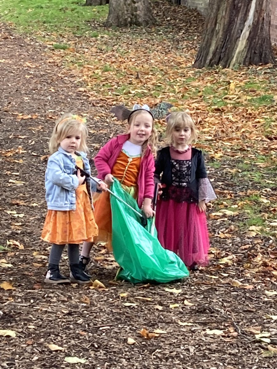 NBC_GreenTeam's tweet photo. This scary bunch don’t let litter give them nightmares. Little monsters from @GigglesWiggles1 had great fun making a difference to their environment in the local park today.  Well done you did a spooktacular job. Time for treats 👻 #HallowClean #LitterHeroes @KeepBritainTidy https://t.co/Z1YBjxrid3