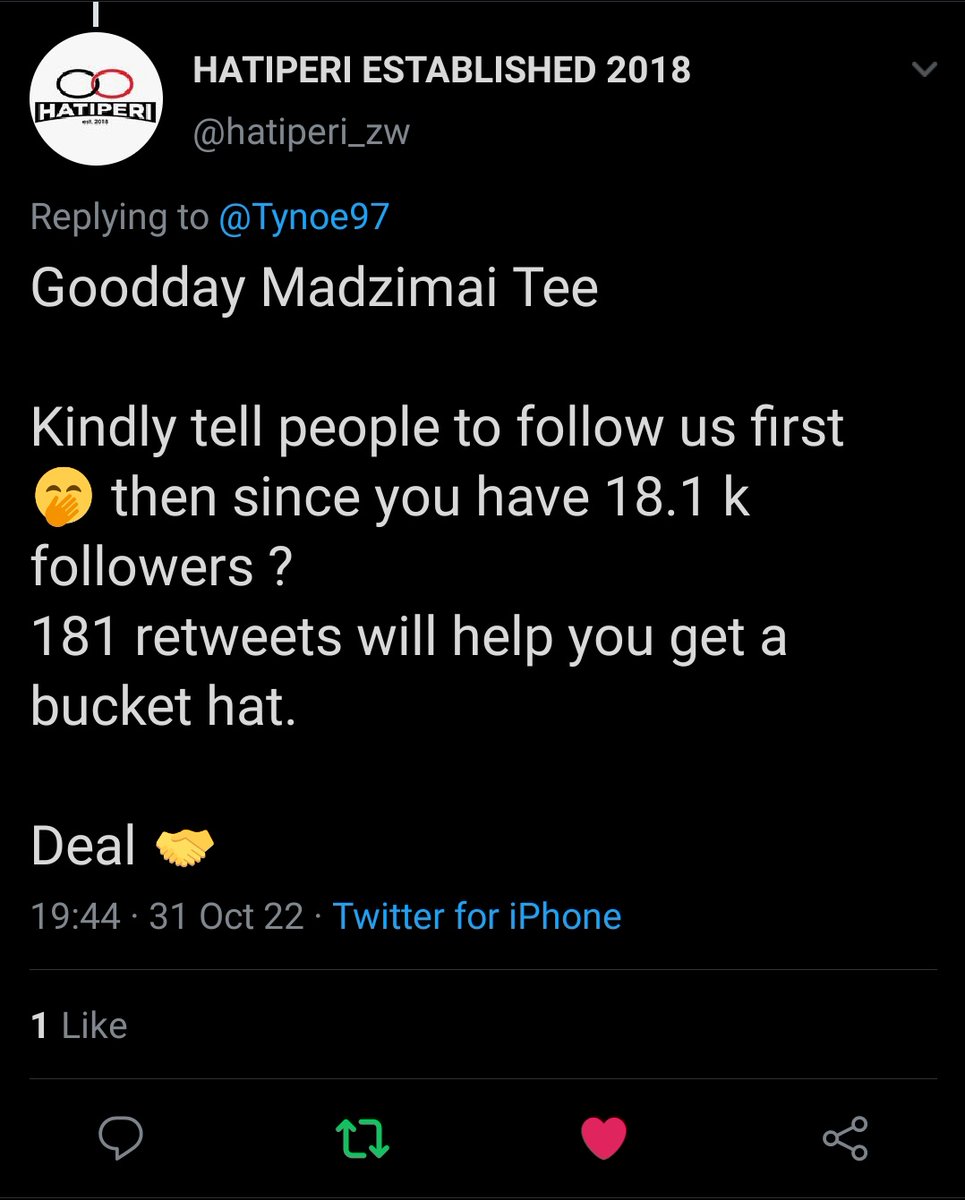 Tynoe97's tweet image. Hello guys, i hope you’re okay. Can you help me get this Hatiperi bucket hat by : 

1.Following @hatiperi_zw 
2.Helping me get 181 retweets

Thank you so much kune vachabatsira 😭😭😭🙏🏾