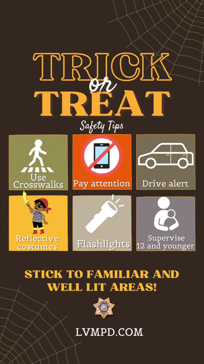 LVMPDNEAC's tweet photo. The LVMPD Northeast Area Command staff and officers want you to have a safe time going trick-or-treating!

Keep these tips in mind to have a spooktacular time! 👻

Happy Halloween! https://t.co/kJzsV1jAPm