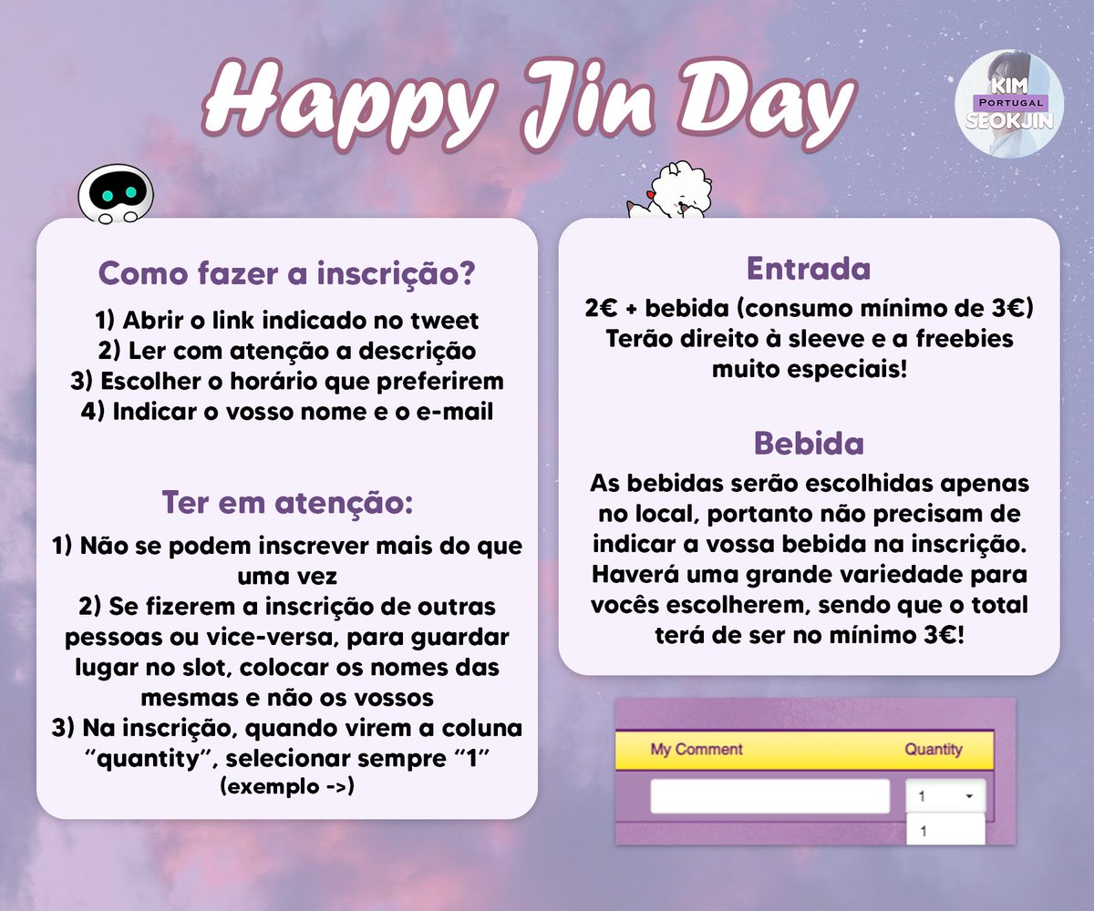 HAPPY JIN DAY - Cup-sleeve event no Porto ✨

Anotem o dia 3/12 nas vossas agendas!
Vamos celebrar o aniversário do Jin juntos 💜

🗓️ 3/12
📍Sweet Korea

Inscrição: signupgenius.com/go/10C094FAEAB…

Leiam tudo com atenção, e qualquer dúvida estou ao vosso dispor 😊

#JinDayInPorto